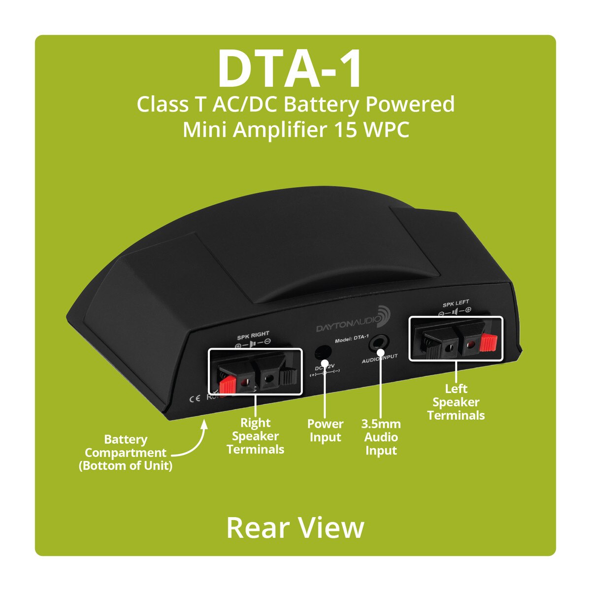 Dayton Audio DTA1 Class D AC/DC Battery Powered Mini Amplifier 15 WPC